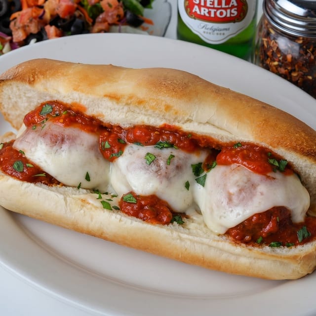 Meatball Parmigiana Italian Sandwich.