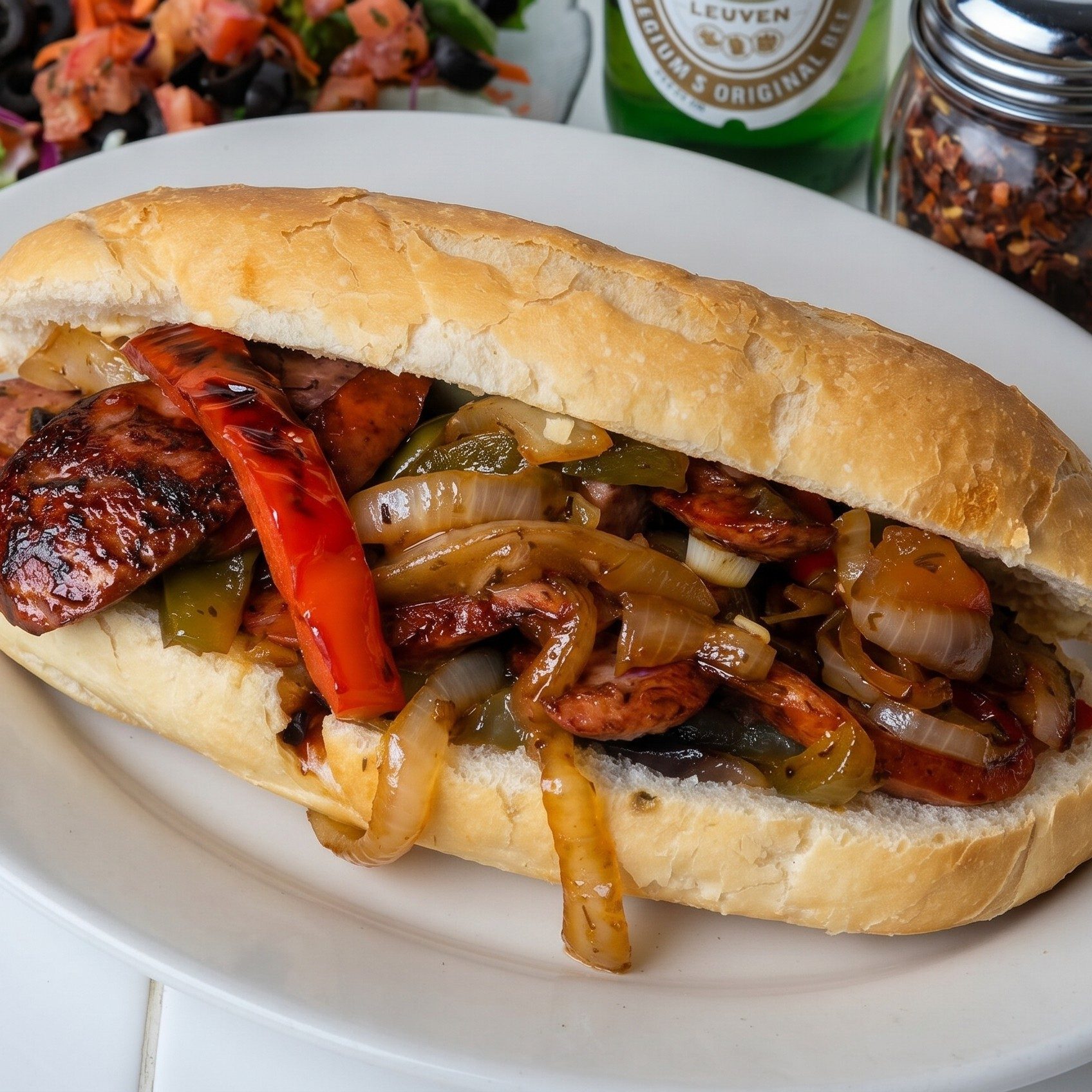 Sausage, Peppers and Onions Italian Sandwich.