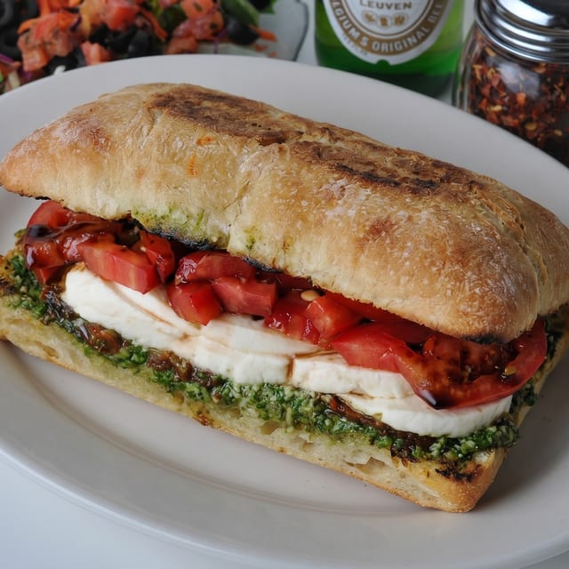 Fresh Mozzarella, Roasted Peppers, Balsamic Dressing Italian Sandwich.