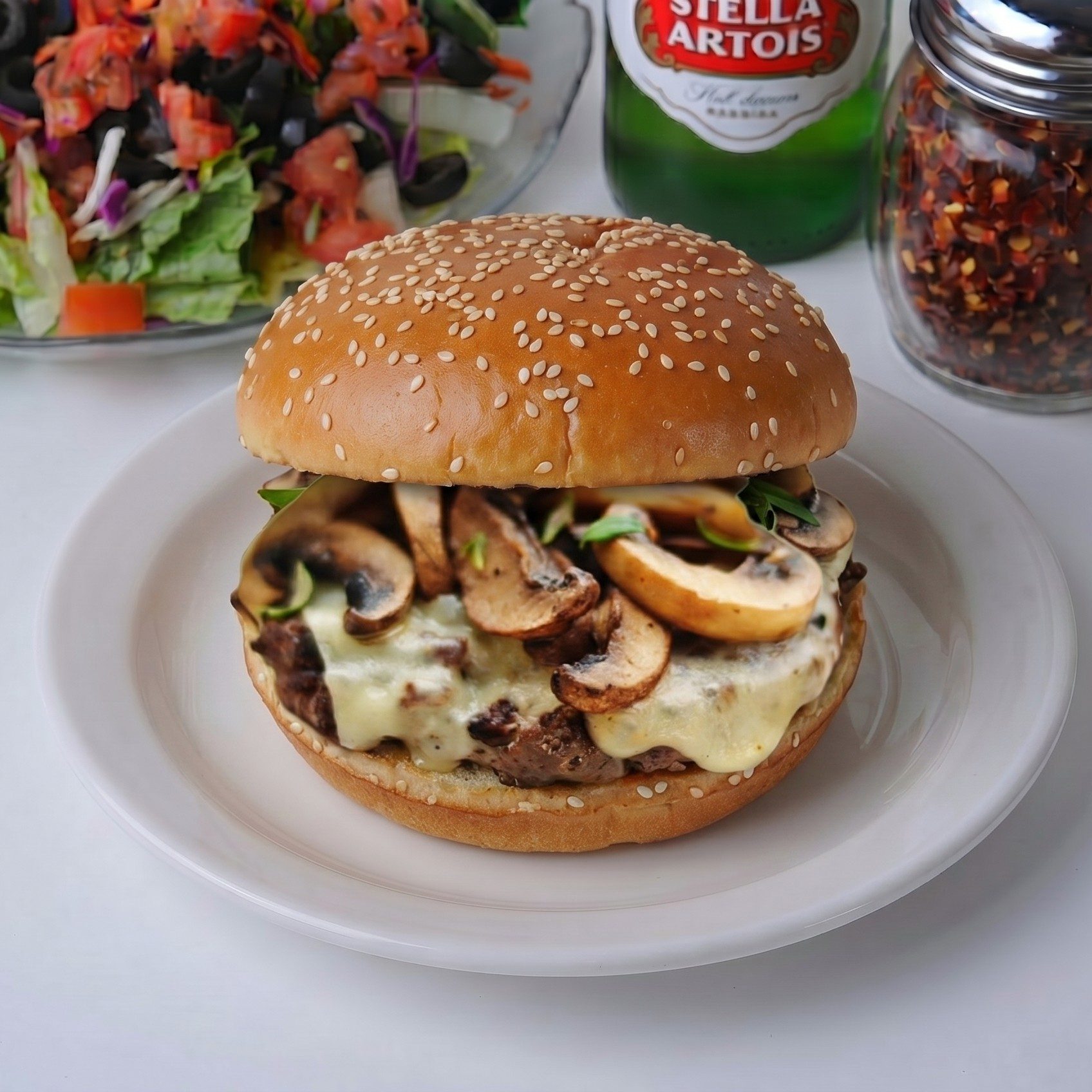 Swiss, Bacon & Mushroom Burger.