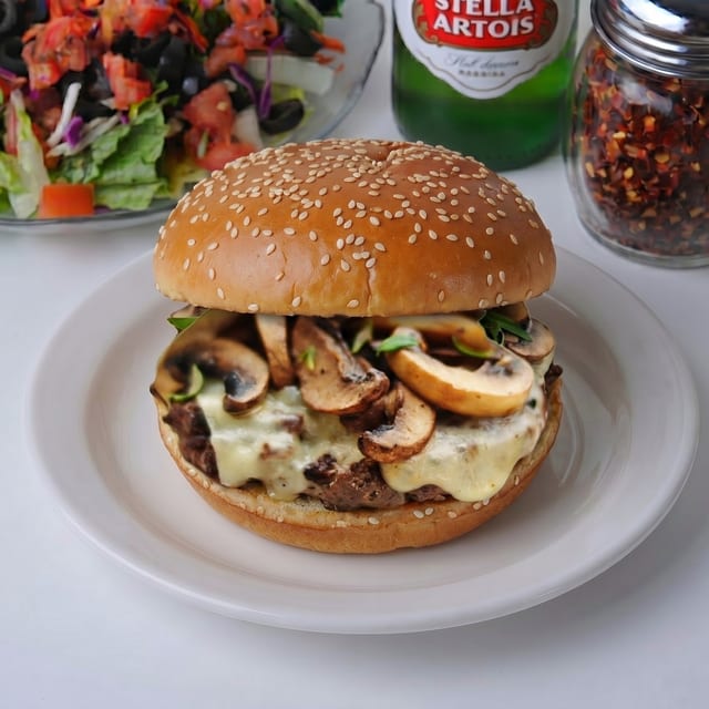 Swiss, Bacon & Mushroom Burger.