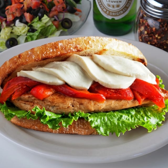 Grilled Chicken, Fresh Mozzarella and Roasted Peppers Sandwich.
