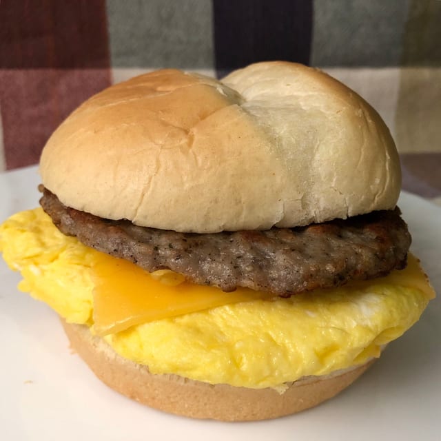 Sausage with 2 Eggs and Cheese Sandwich.